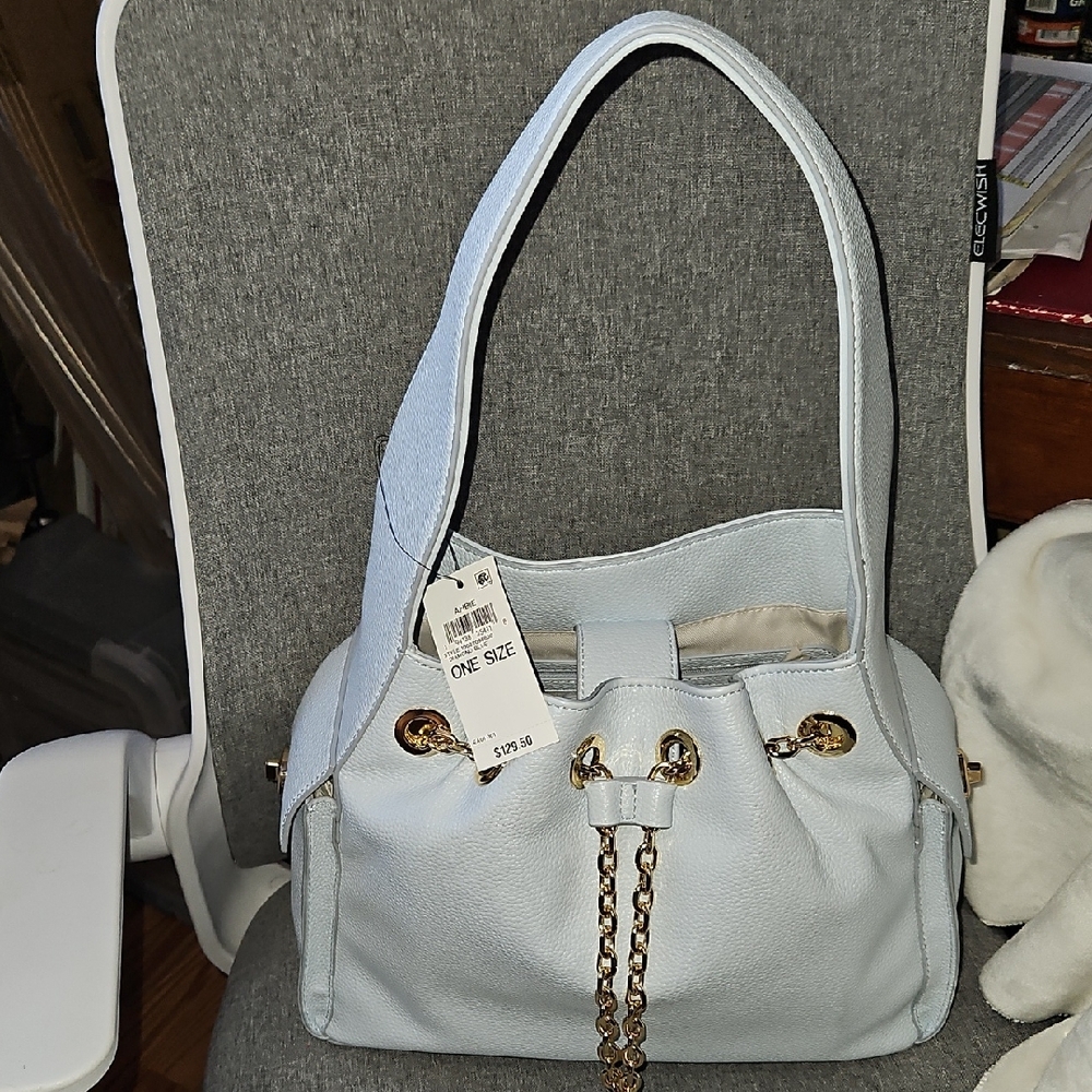 On Sky Blue Pebbled Leather Shoulder Bag with Gold Chain Detail